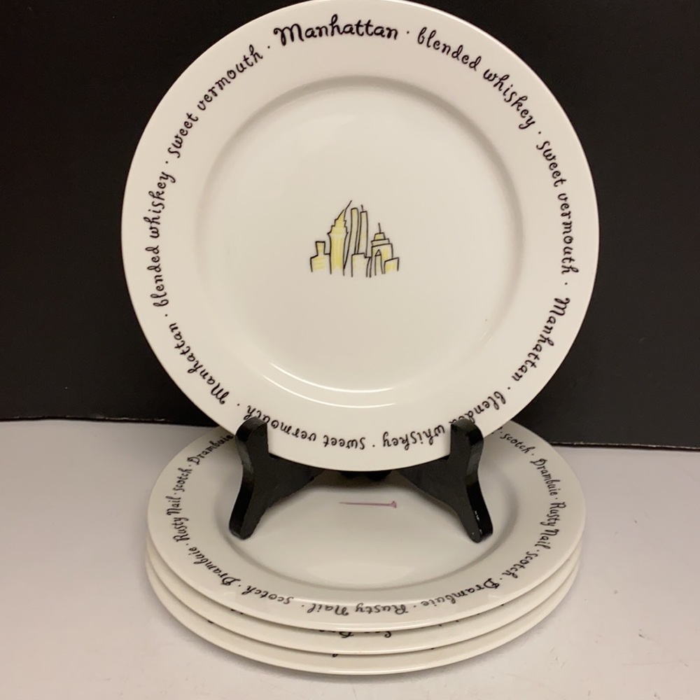Pottery Barn Bar Lingo Cocktail Themed Appetizer Plates Set of Four 8”D